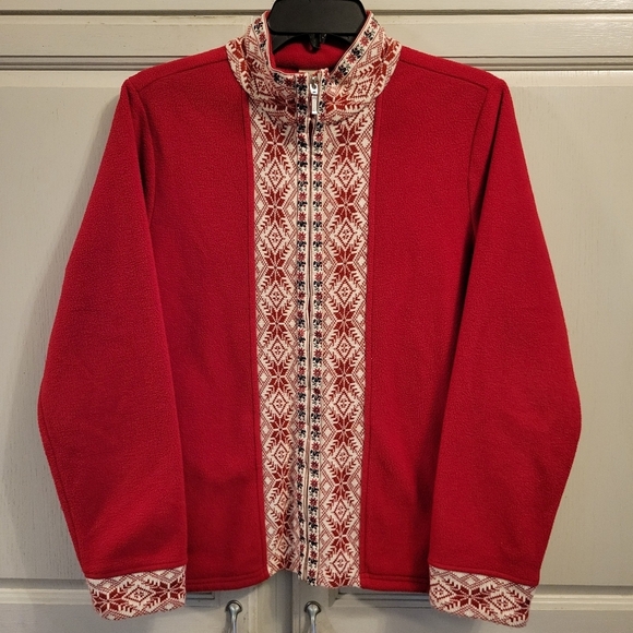 L.L. Bean Red Nordic Fair Isle Full Zip Fleece Jacket - Picture 1 of 11